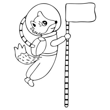 Siyah beyaz gülümseyen tilki ya da uzay giysisi içindeki köpek ve kuyruğu sıfır yerçekiminde dalgalanır ve bayrağı tutar. Bir uzay teması üzerine el çizimi. Hayvan-kozmonot. Çocuk boyama sayfası için. Vektör