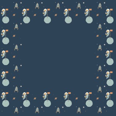 Uzay giysileri içinde el yapımı tilki kozmonotlardan oluşan kare bir çerçeve uydulara bayraklar yerleştiriyor, karanlık bir arkaplanda Satürn ve Plüton gibi yıldızları yakalayan füzelerden mahrum bırakılıyor. Mesaj için. Vektör
