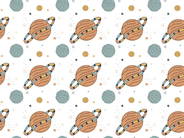 Scandinavian style seamless pattern of planets, stars and dots hand-drawn on a white background. Saturn, Mars and Uranus. Baby space endless texture. Vector.
