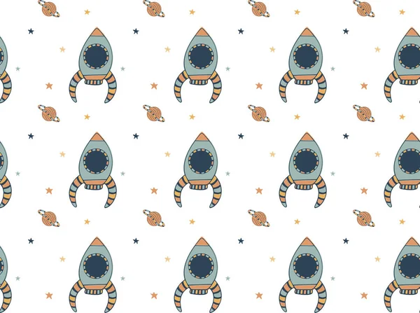 Seamless pattern of hand-drawn rockets, stars and saturns on a white background in Scandinavian style. Endless baby texture for fabric, wallpaper, textile, clothing, wrapping, space design. Vector.