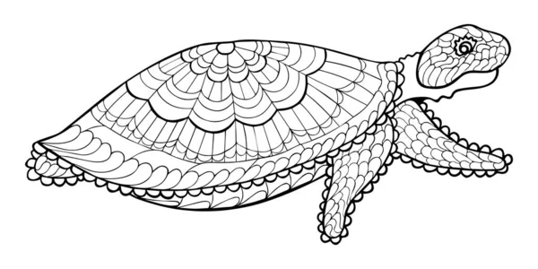 Zentangle tarzında desenli deniz kaplumbağası. Kitap ya da boyama sayfası, dövme, mehendi, logo ve tişört için karalama yapan siyah beyaz bir su hayvanı. El çizimi. Vektör.