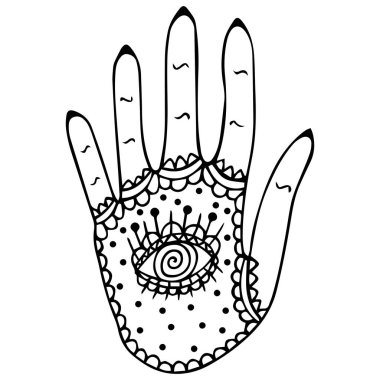 El yapımı, siyah-beyaz stilize bir el ve avucunun ortasında her şeyi gören bir göz. Bir tılsım ve mistik dövme için bir tılsım, boyama kitabı, çıkartma, baskı. Vektör.