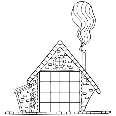 İskandinav tarzı baca dumanı olan siyah beyaz kır evi. Tuğla duvarı ve saksıda çiçek çalısı olan bir kulübe. Boyama kitabı antistresi, baskı için tasarım unsuru. Vektör.