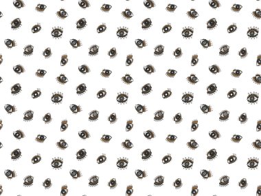 Her şeyi gören sihirli gözlerin kusursuz deseni beyaz arka planda siyah ve kahverengi renklerde farklı yönlere döndü. El çizimi. Esrarengiz tasarım için esrarengiz doku, kumaş, duvar kağıdı. Vektör.