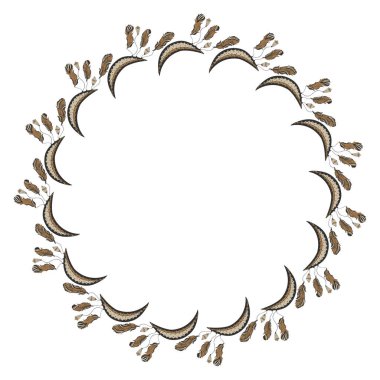 Beyaz arkaplanda siyah ve altın kahverengi renklerde boho ve zentangle tarzında kristaller ve kuş tüyleri olan süslemeli hilal şeklindeki süslemelerden yuvarlak izole çerçeve. Uzayı kopyala Vektör.