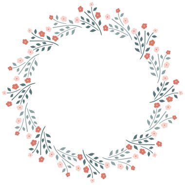 İskandinav tarzında narin çiçekli küçük çiçek çalılarının yuvarlak çerçevesi beyaz bir arka planda. Grafik tasarımı için botanik çelenk, tebrik kartı, pankart, düğün davetiyesi. Vektör.