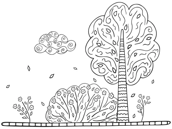 Czarno Białe Ręcznie Rysowane Ilustracje Parku Lasu Przyrody Odizolowana Scena — Wektor stockowy