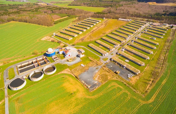 Vista aérea a planta de biogás desde granja porcina en campos verdes — Foto de Stock