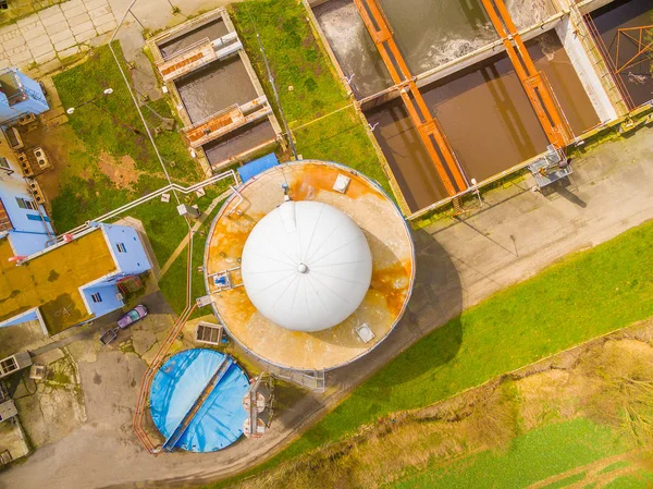 Aerial view to biogas plant and sewage treatment — Stock Photo, Image