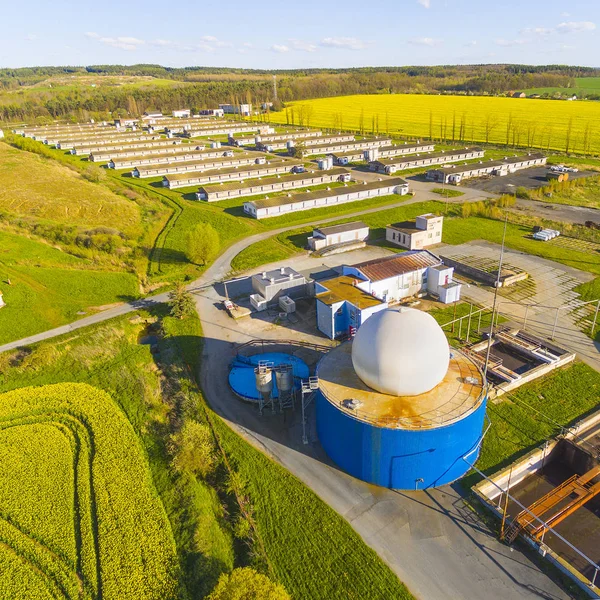 Vista aérea a planta de biogás desde granja porcina en campos verdes — Foto de Stock