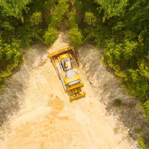 Deforestación Del Sitio Construcción Vista Aérea Excavadora Trabajando Bosque Industria —  Fotos de Stock