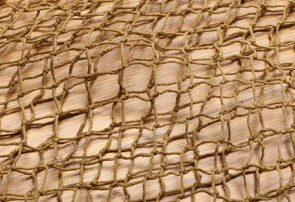 Close up of fishing net on wooden plate — Stock Photo, Image