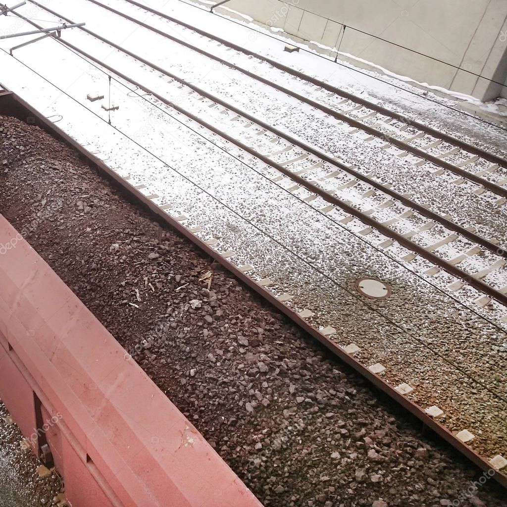 Cargo train wagons loaded lignite for powerplant in winter season