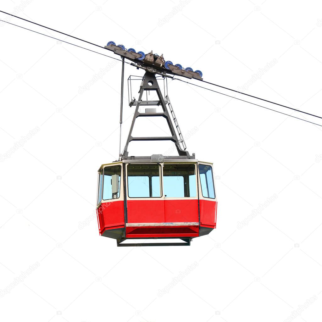 Red cable car isolated on white.
