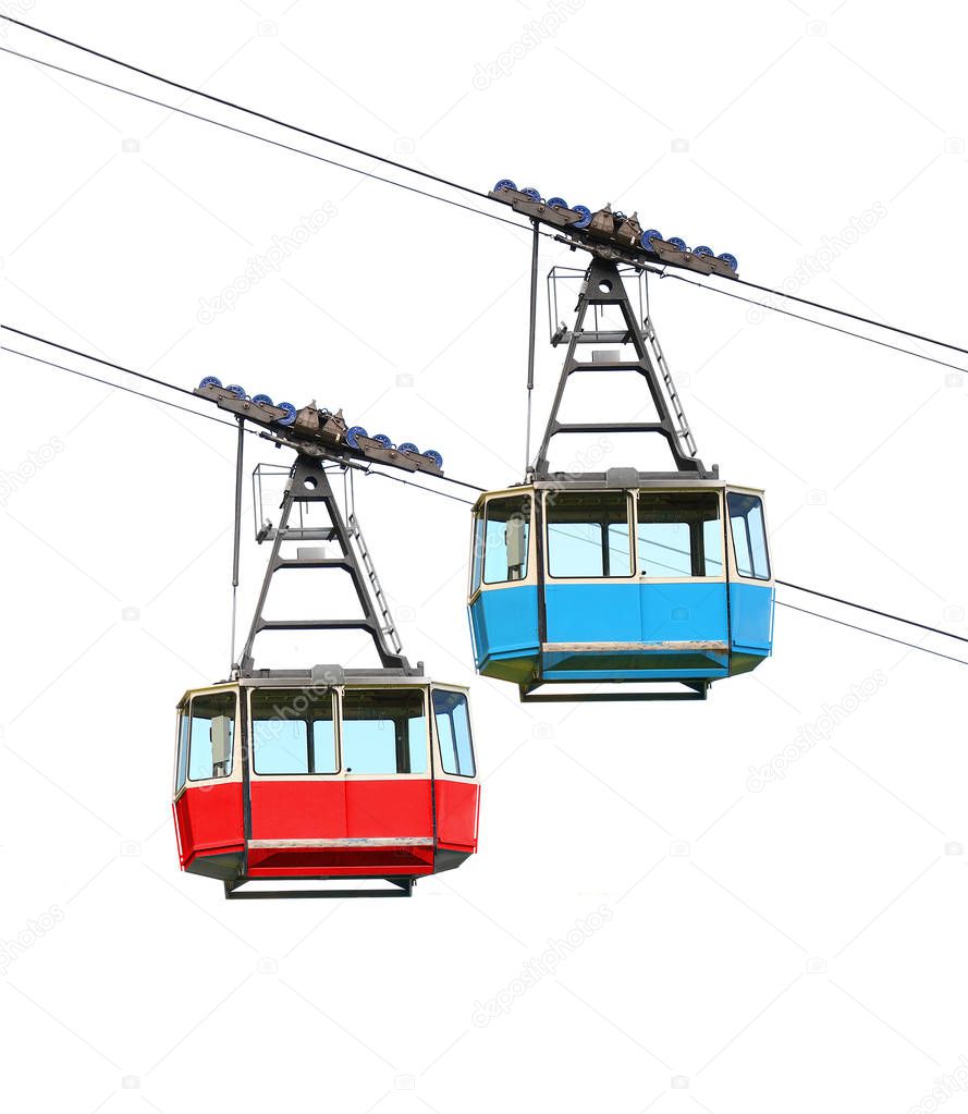 Red and blue cable car isolated on white.