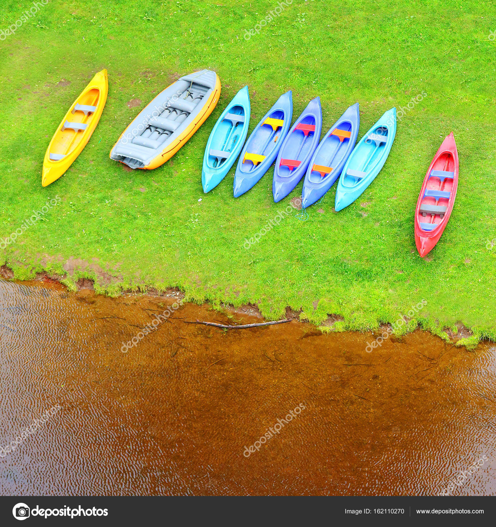 Canoes Raft Lake Shore Aerial View Place Leisure Activities Happy Stock