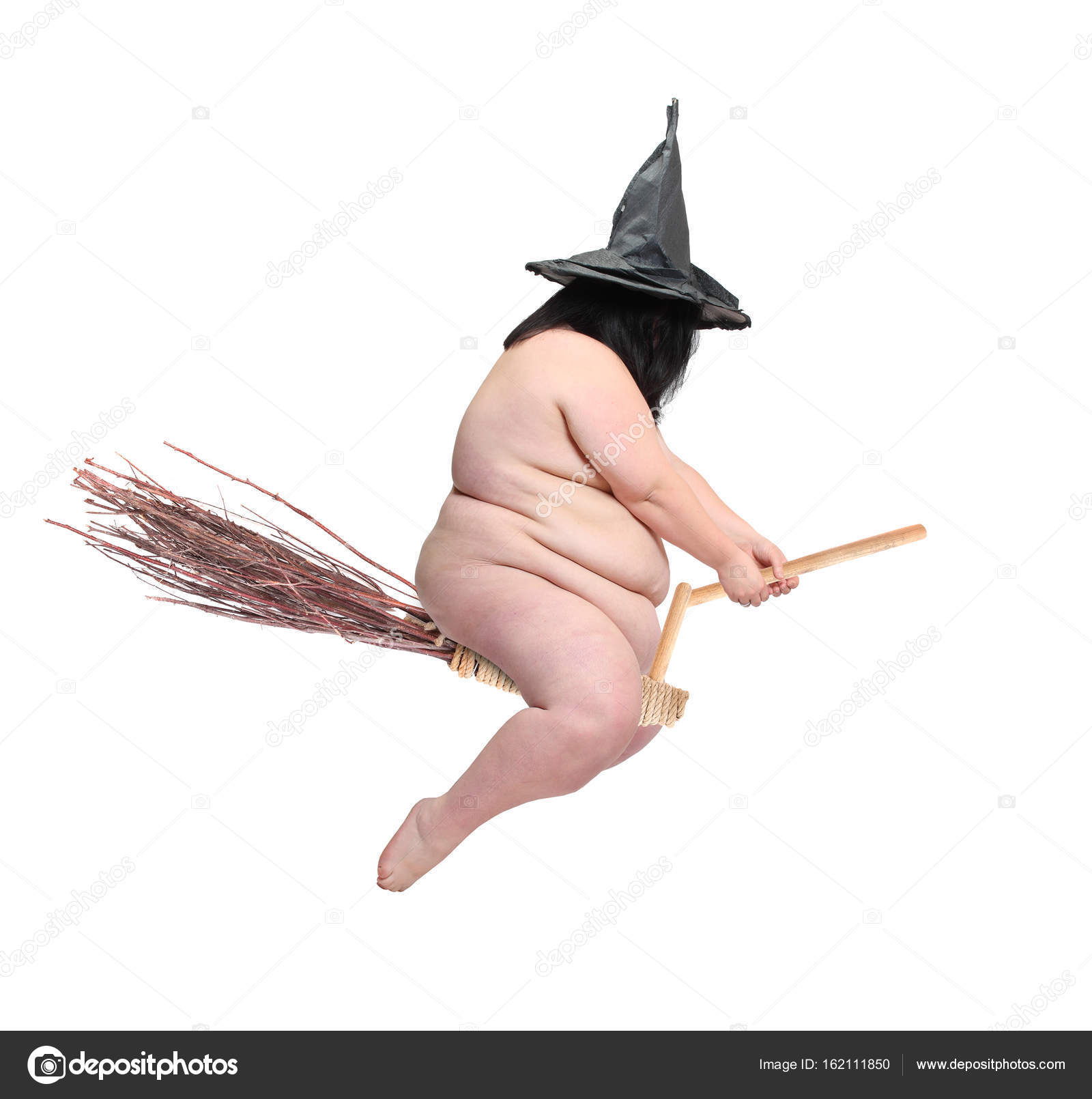 Funny Obese Witch Flying Her Magic Broomstick Crazy Halloween Concept Stock  Photo by ©vladvitek 162111850
