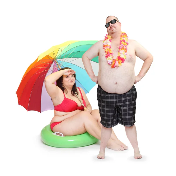 Obese Couple Swimsuit Tropical Flowers Funny People Enjoing Holidays Beach — Stock Photo, Image