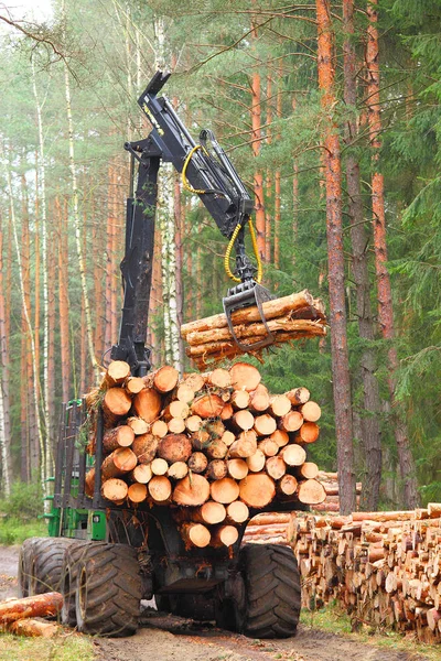森で働く現代のハーベスタと木こり. — ストック写真