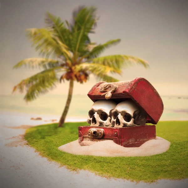 Treasure chest with skulls on a deserted island