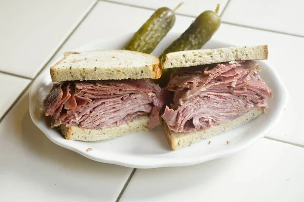 Kosher deli corned beef tongue combination sandwich — Stock Photo, Image