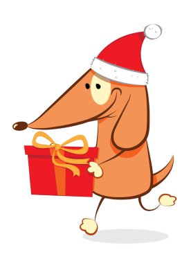 Komik köpek Noel hediye taşıyan ve Noel Baba şapkası giyiyor