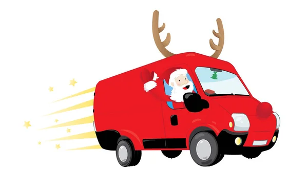 Funny Santa Claus conduciendo una furgoneta roja y entregando regalos — Vector de stock