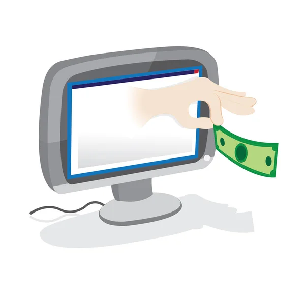 Mano dando dinero que sale de un monitor de PC — Vector de stock