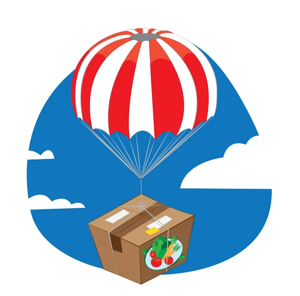 Confezione in cartone piena di cibo sano e fresco atterraggio con paracadute — Vettoriale Stock