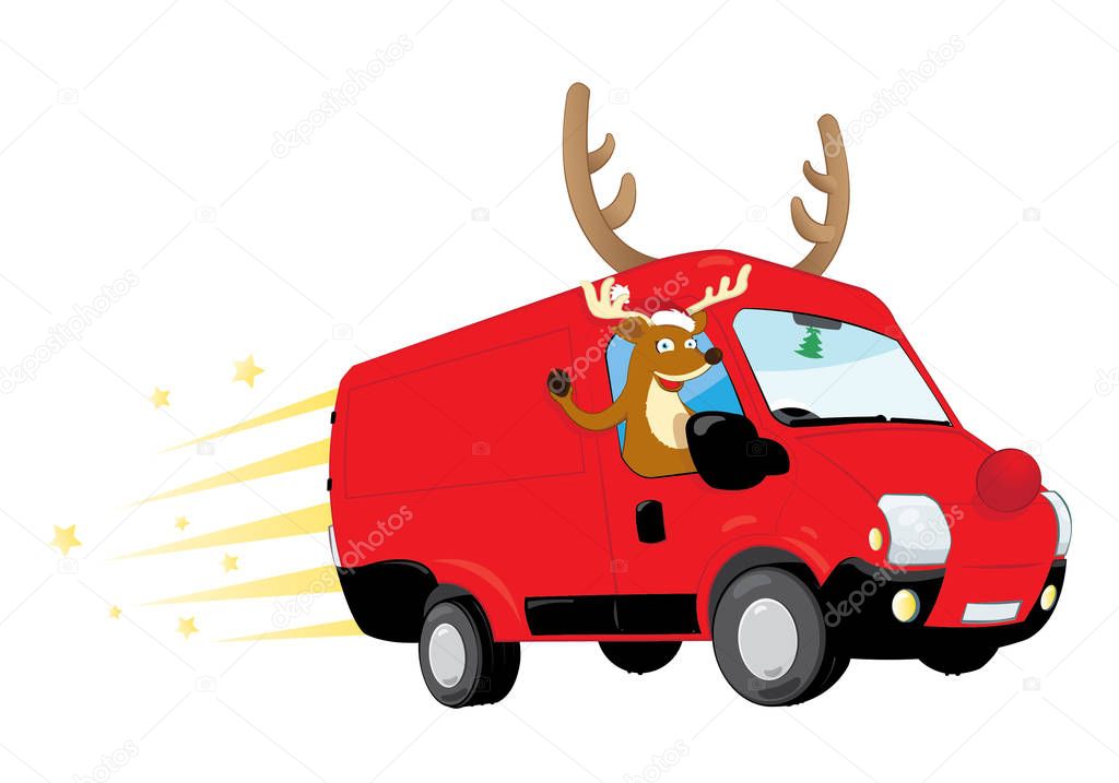 a vector cartoon representing a modern Christmas Reindeer driving a speedy red van with antlers and a big red nose, delivering presents and flying in the sky