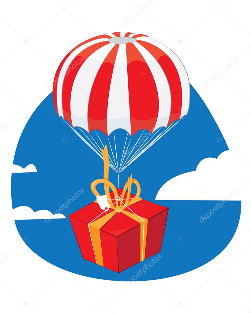 a vector cartoon representing a red present with a yellow ribbon landing from the sky with a funny red and white parachute - present delivery concept