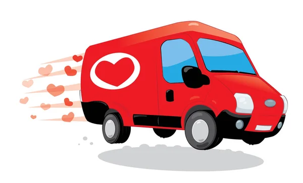 Una furgoneta divertida entregando amor. San Valentín y concepto de amor — Archivo Imágenes Vectoriales