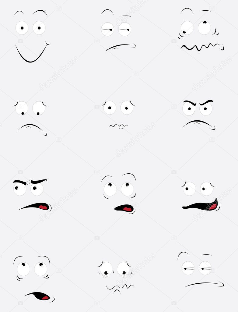 a vector cartoon representing a funny set of the same face in different expressions and behavior. Every object is singly grouped and you can easily add the expression you'll need to your design.