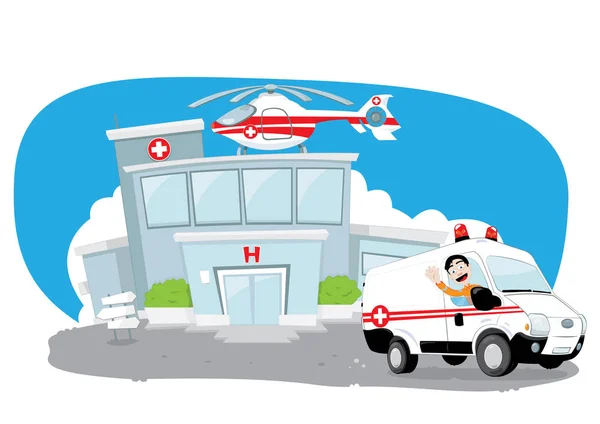 Komik Bir Hastane Çatısı Üzerinde Bir Kurtarma Helikopteri Ile Bina — Stok Vektör