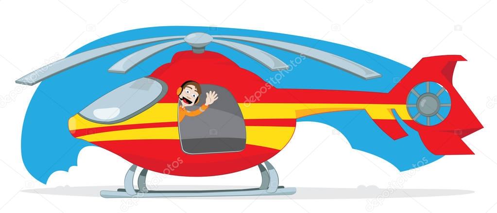 a vector cartoon representing a funny and friendly pilot, wearing some orange headphones, cheering and gesturing from the inside of a landed red and yellow rescue helicopter