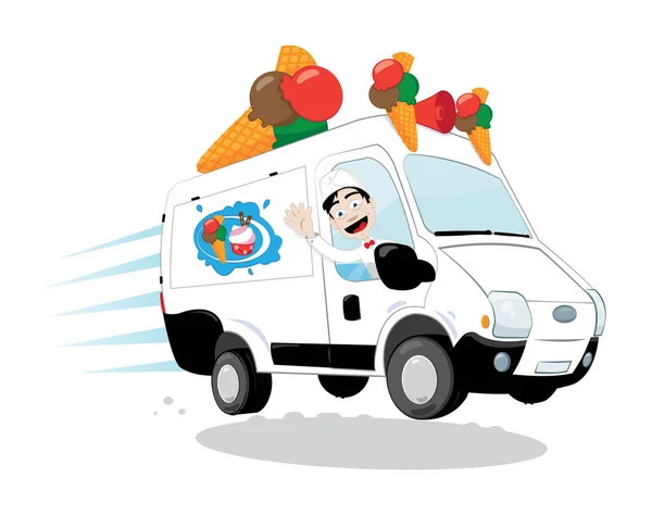 Векторный Мультфильм Представляющий Собой Смешной Украшенный Фургон Мороженым Шишками Логотипом — стоковый вектор