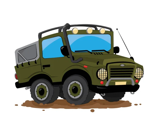 Egy Vektor Rajzfilm Képviselő Egy Vicces Zöld Katonai Offroad Egyéni — Stock Vector