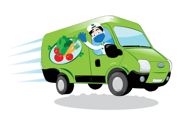 一个病媒漫画 描绘了一个有趣的绿色新鲜食品运送车 司机是一位友善的男子 他欢呼着 戴着面具和手套 在大流行的病毒期间 新鲜蔬菜和水果的安全运送概念 图库插图