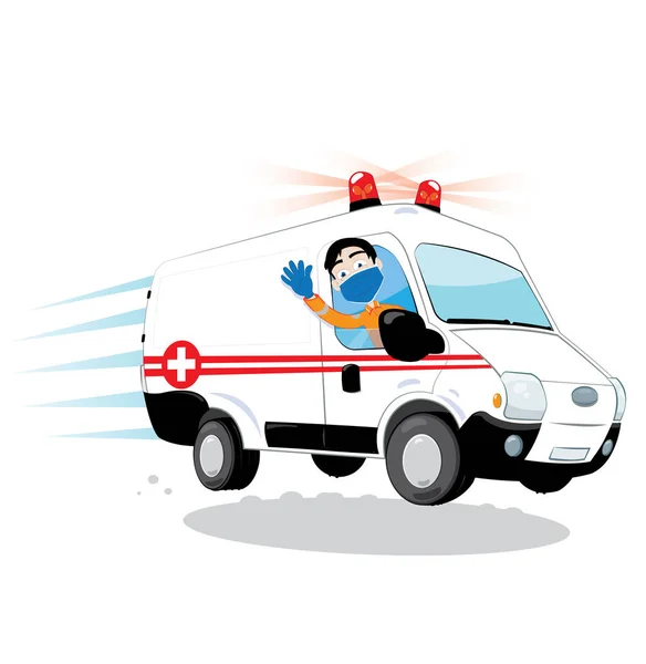 Dessin Animé Vectoriel Représentant Conducteur Ambulance Drôle Amical Dépêchant Conduisant — Image vectorielle