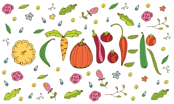 Oktober bokstäver med grönsaker — Stock vektor