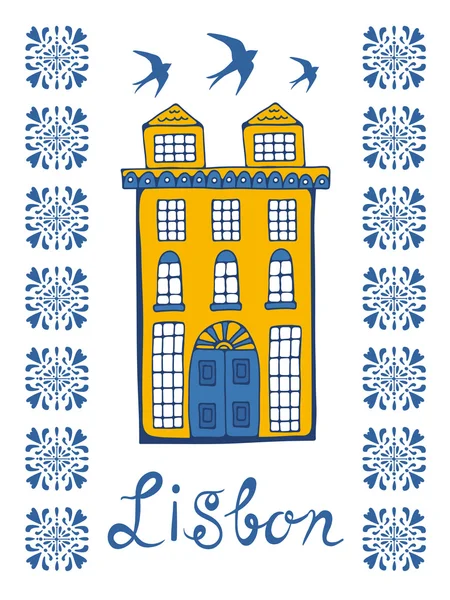 Cartão desenhado à mão com casa típica portuguesa . —  Vetores de Stock