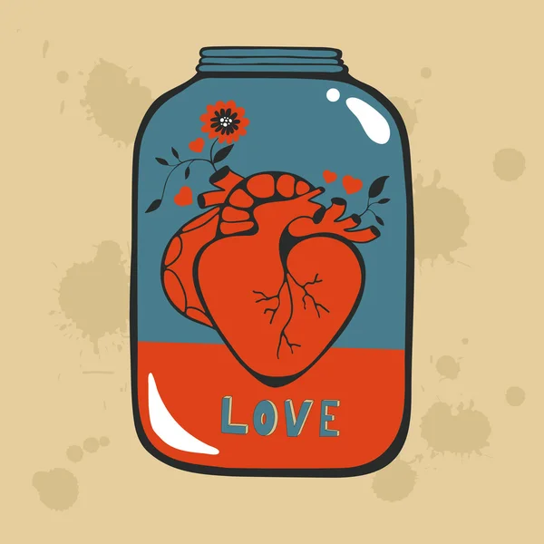 Concepto de tarjeta de amor con corazón en tarro — Vector de stock
