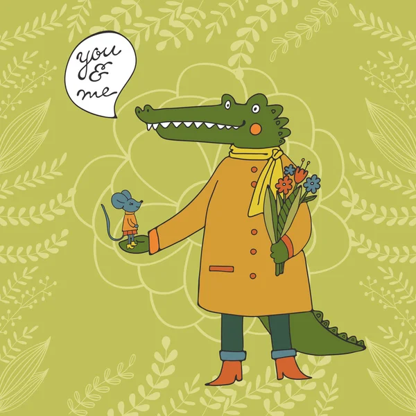 Tu e eu. Ilustração de um crocodilo e um rato . — Vetor de Stock