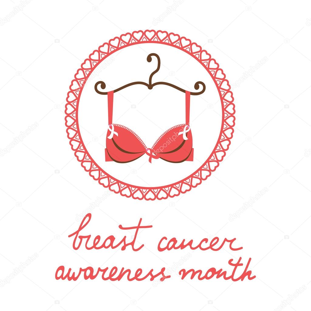 Breast cancer awareness month card with a bra and pink ribbon. Vector illustration
