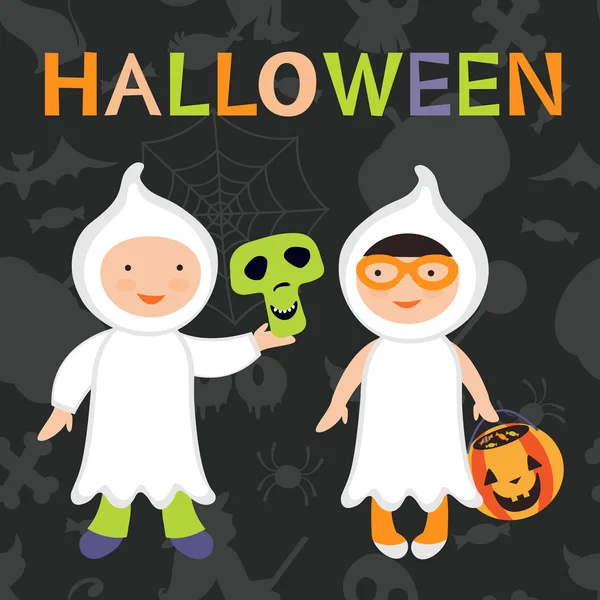 Trick or treat kids illustration. Pojke och flicka i ghost kostymer — Stock vektor