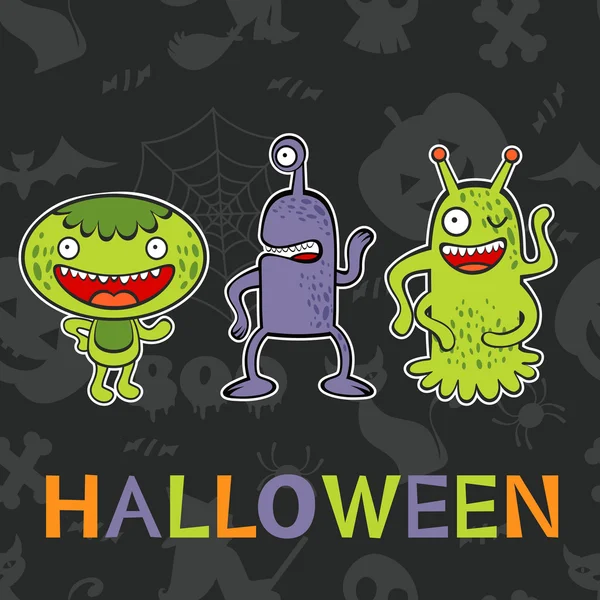 Halloween-kaart met drie grappige monsters — Stockvector