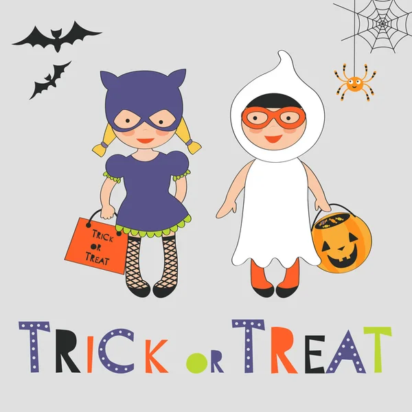 Truc of behandelen van Halloween-kaart met twee kinderen in kostuums — Stockvector