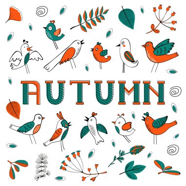 Kuşlar yaprak ve çiçek ile sonbahar kartı