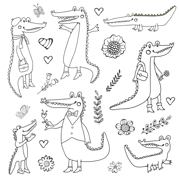 Linda colección de mano dibujar cocodrilos — Vector de stock