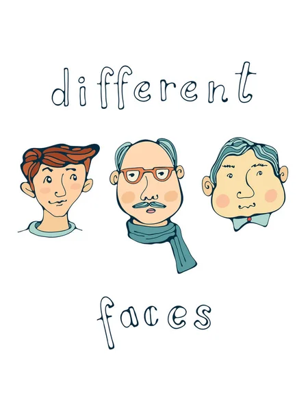 Hand drawn different male faces collection — Stock Vector